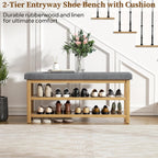 2 Tier Shoe Rack Bench with Cushion, Rubberwood Shoe Benches, Mid-Century Modern Shoe Storage Bench for Entryway, Hallway, Living Room, Closet, Front Door Entrance, Dark Grey