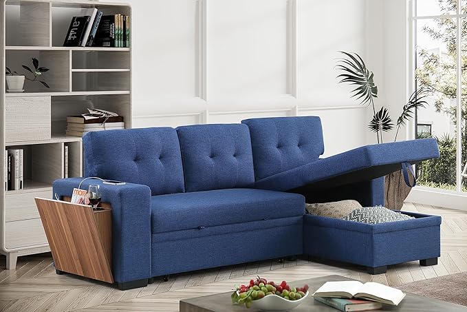 Devion Furniture Garisa 4-in-1 Convertible L Shaped Couch with Pull Out Bed and Storage, Sectional Sleeper Sofa with Reversible Chaise for Living Room, Apartment, Bedroom, Office