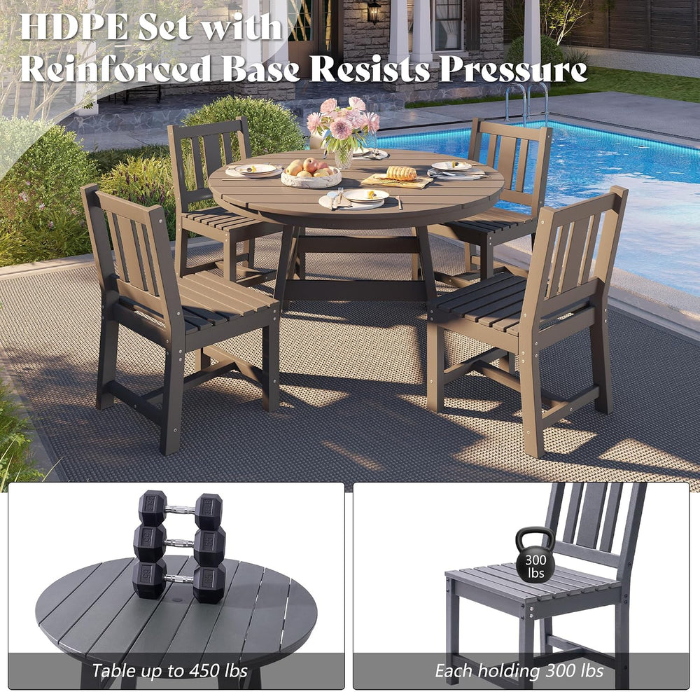 AMERLIFE Outdoor Dining Set for 4, HDPE Round Table and Chairs, Gray