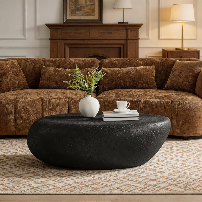 Oval Coffee Table, 43” Oval Faux Stone Center Table, Accent Irregular Fiberglass Tea Table for Living Room, Home Office, Apartment, No Assembly Required, Black