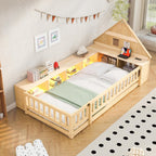 Twin Size Wood Floor Bed with Guardrail, House-Shaped Headboard and Cabinet (Natural)