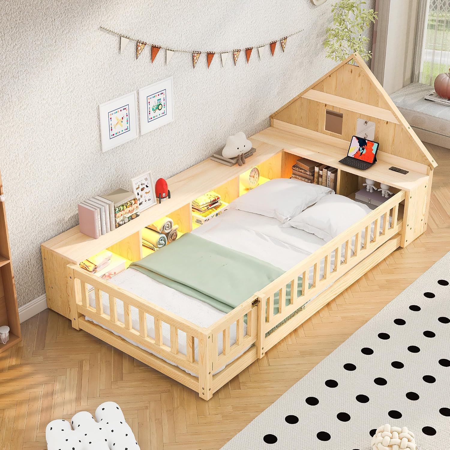 Twin Size Wood Floor Bed with Guardrail, House-Shaped Headboard and Cabinet (Natural)