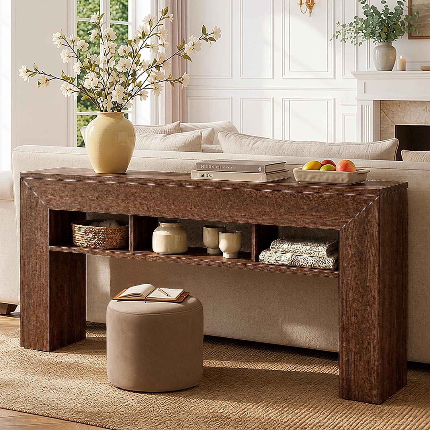 EnHomee 63" Console Table with 3 Shelves Behind Sofa, Dark Brown | Renters & Homeowners, Wood, Holds 220 Lbs, Anti-tip Kit & Non-Slip Pads