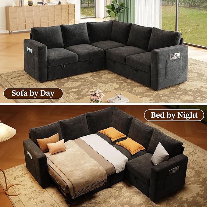 83.5" Sectional Sleeper Sofa with Pull Out Couch, Modern 5 Seat L Shaped Modular Couch, Sectionals Modular Sofa with Storage, Comfy Sectional Couches for Living Room & Apartment, Dark Gray