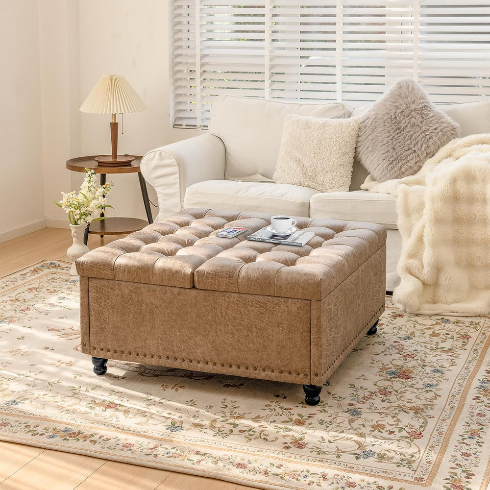 Redlife 35 Inch Large Square Storage Ottoman, Coffee Table Ottoman, Faux | Li...