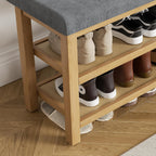 2 Tier Shoe Rack Bench with Cushion, Rubberwood Shoe Benches, Mid-Century Modern Shoe Storage Bench for Entryway, Hallway, Living Room, Closet, Front Door Entrance, Dark Grey