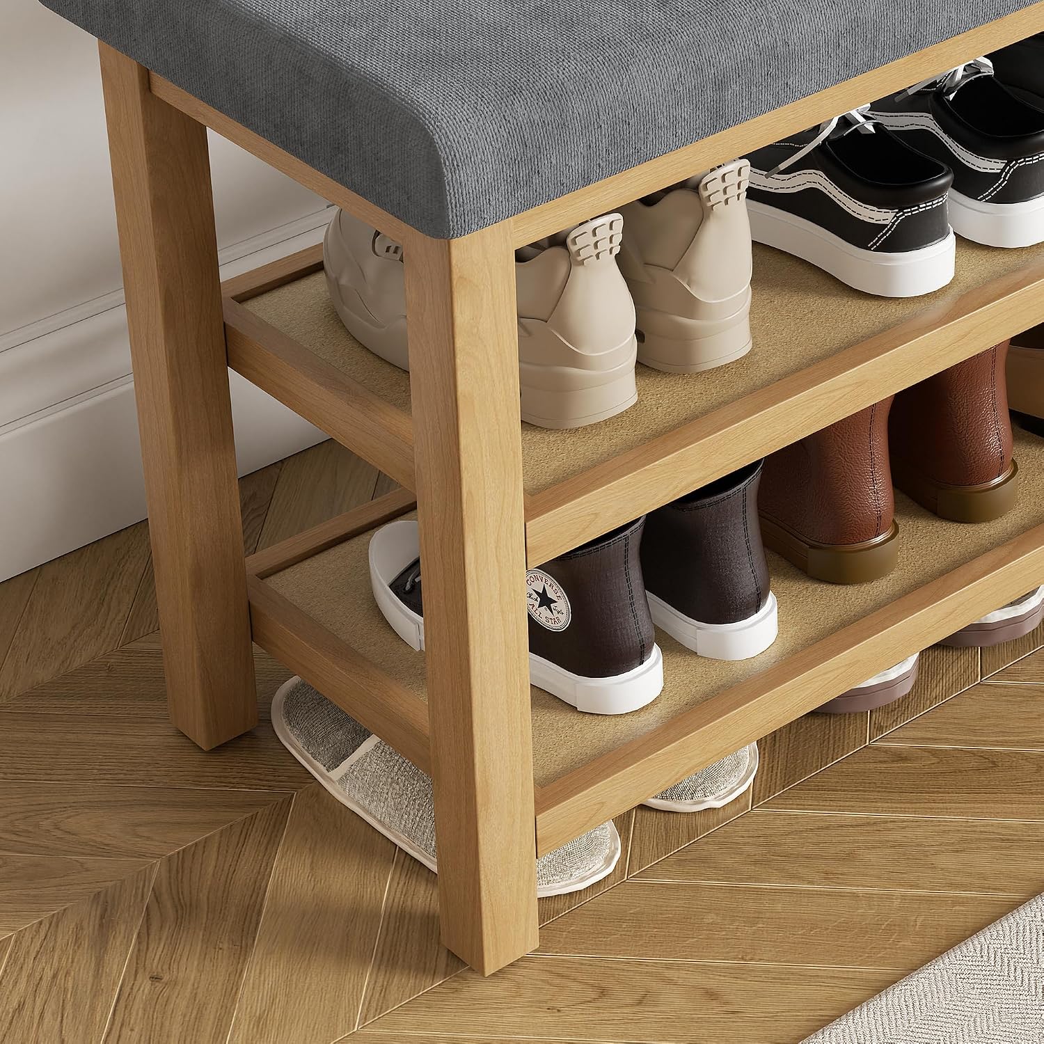 2 Tier Shoe Rack Bench with Cushion, Rubberwood Shoe Benches, Mid-Century Modern Shoe Storage Bench for Entryway, Hallway, Living Room, Closet, Front Door Entrance, Dark Grey
