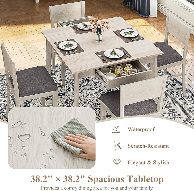 38.2'' Square Solid Wood Dining Table for 4, Farmhouse Kitchen Table for Kitchen, Dining Room, Restaurant, Natural Eco-Friendly, Washed Gray