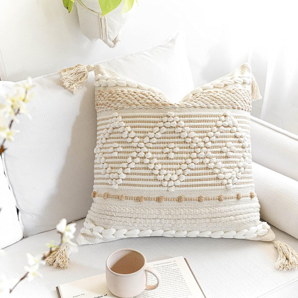 BlissBlush Cream White Boho Throw Pillow Cover 20X20, Boho Woven Textured Pil...