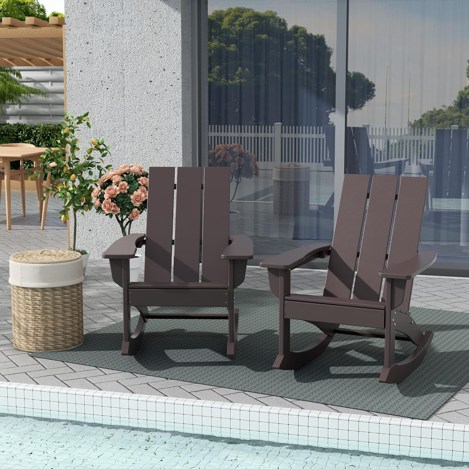 WestinTrends Ashore Patio Rocking Chairs Set of 2, All Weather Poly Lumber Plank Adirondack Rocker Chair, Modern Farmhouse Outdoor Rocking Chairs for Porch Garden Backyard and Indoor, Dark Brown