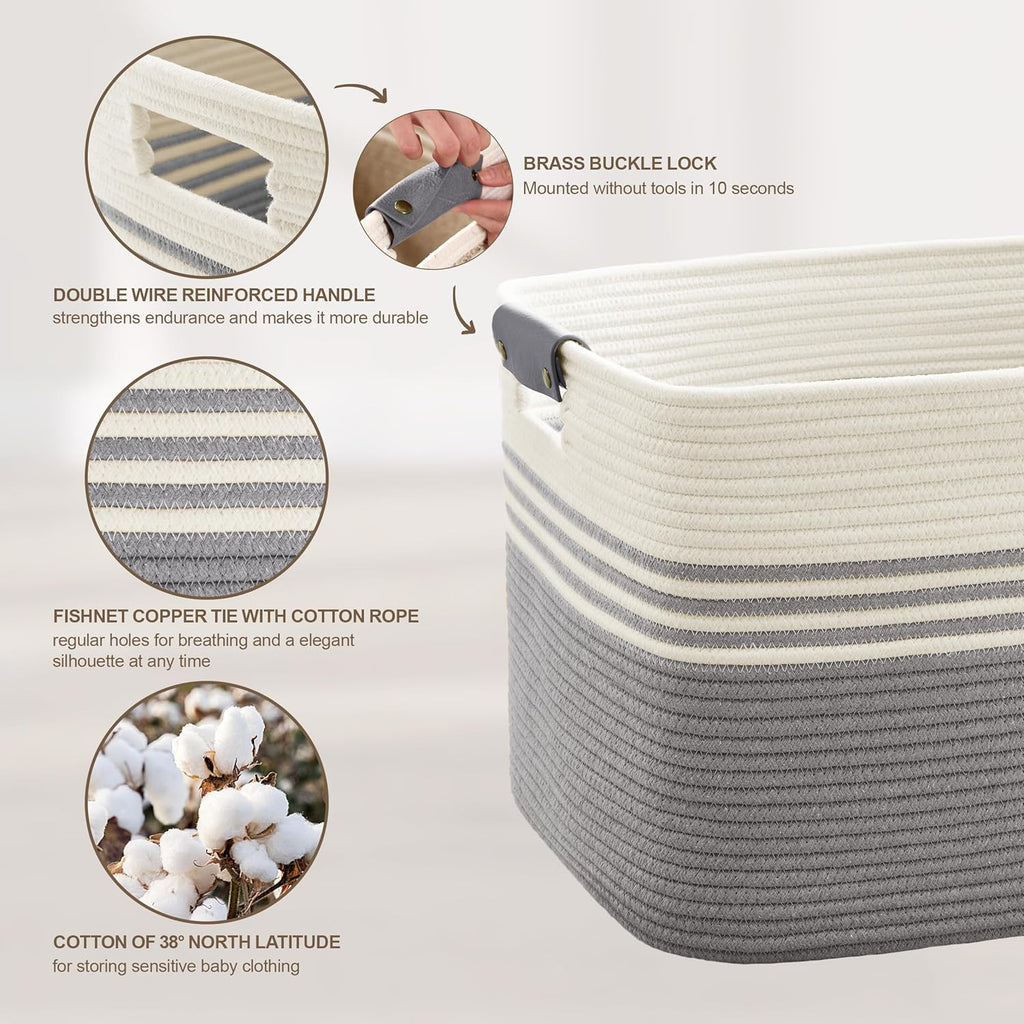 45L Small Laundry Basket with Leather Handles for Living Room Storage, Woven Rope Baskets Bin for Blanket, Kids Toy, Gifts, Wicker Hamper for Bedroom Dirty Clothes, 18"x14"x11" White Grey