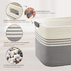 45L Small Laundry Basket with Leather Handles for Living Room Storage, Woven Rope Baskets Bin for Blanket, Kids Toy, Gifts, Wicker Hamper for Bedroom Dirty Clothes, 18"x14"x11" White Grey