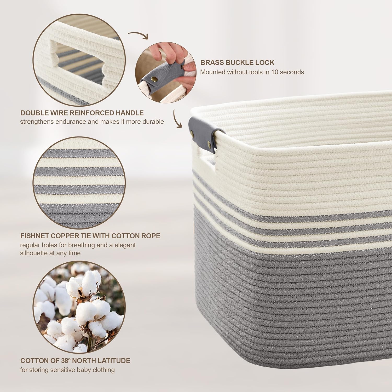 86L Extra Large Laundry Basket with Leather Handles for Living Room Storage, Woven Rope Baskets for Blanket, Kids Toy, Gifts, Wicker Hamper for Bedroom Dirty Clothes, 24"x16"x14" White Grey