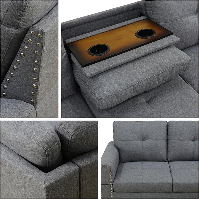 L-Shaped Sectional Sofa with Movable Chaise & Storage Ottoman, Lounge 3-Piece Modular Convertible Couches for Living Room, Apartment & Office, Dark Grey