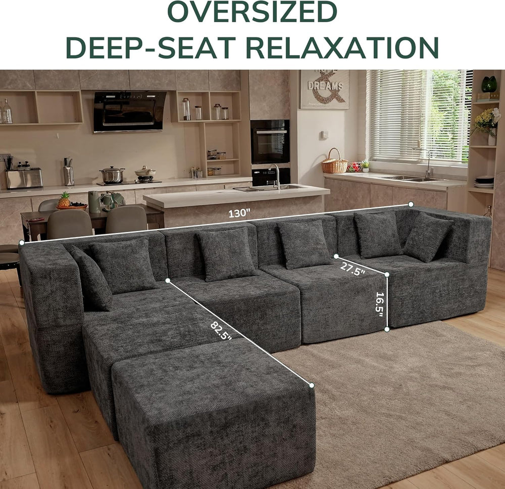 MONVANE Modular Sectional Cloud Couch for Living Room - 130'' 6 Seate...