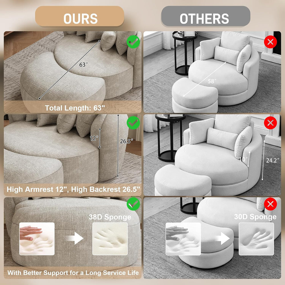 53.5" Oversized Round Chaise Lounge with Ottoman, Chenille, Beige White ...