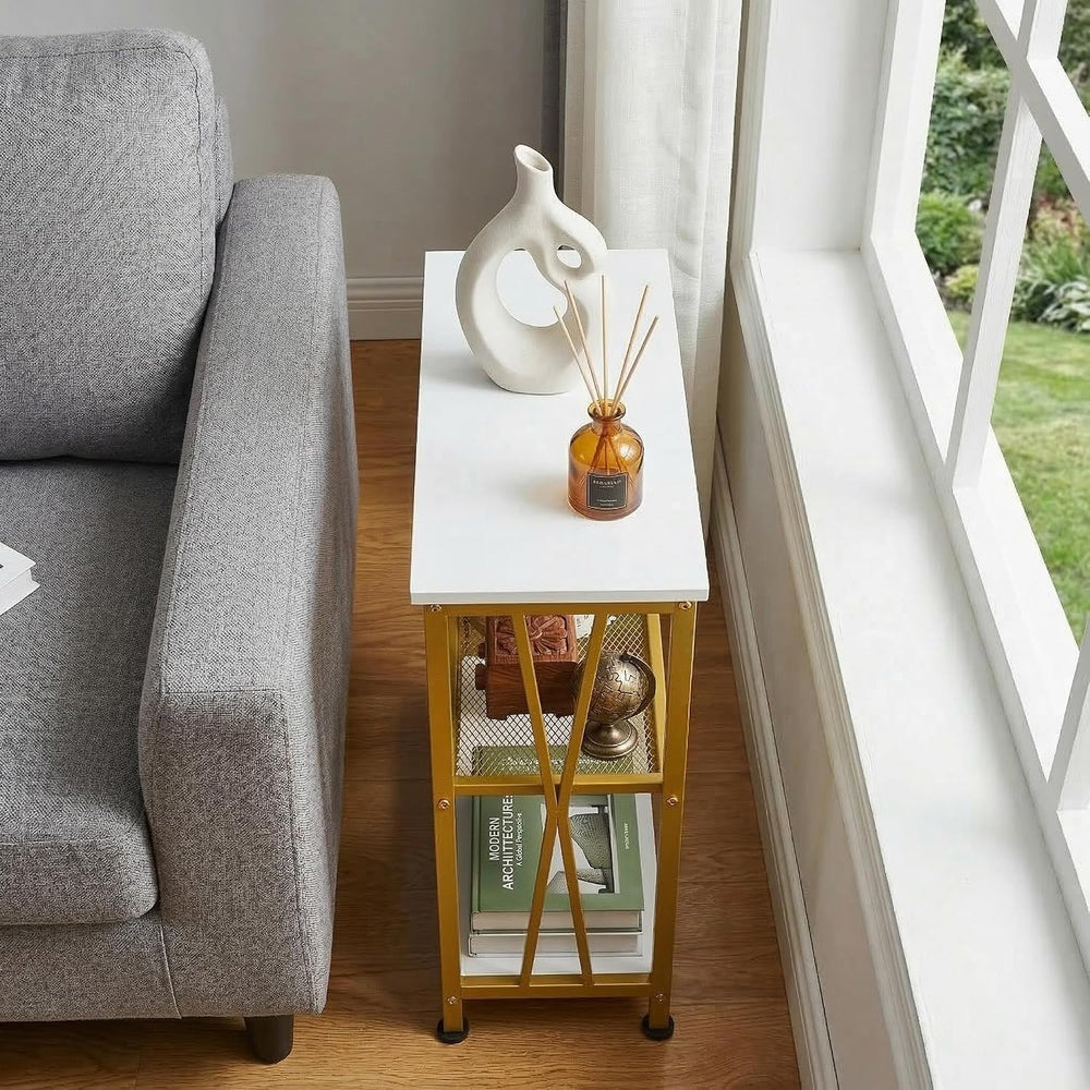 Narrow Side Table, End Table with 3 Tier Storage Shelves, Industrial Rustic A...