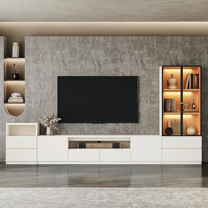 122" White Modern Entertainment Center for 55/60/65/75/85 inch TV, Included TV Console, Lighted Glass Display Cabinet And Nightstand, 3-Piece Media Table for Living Room (ABC-122" Cabinets Set)