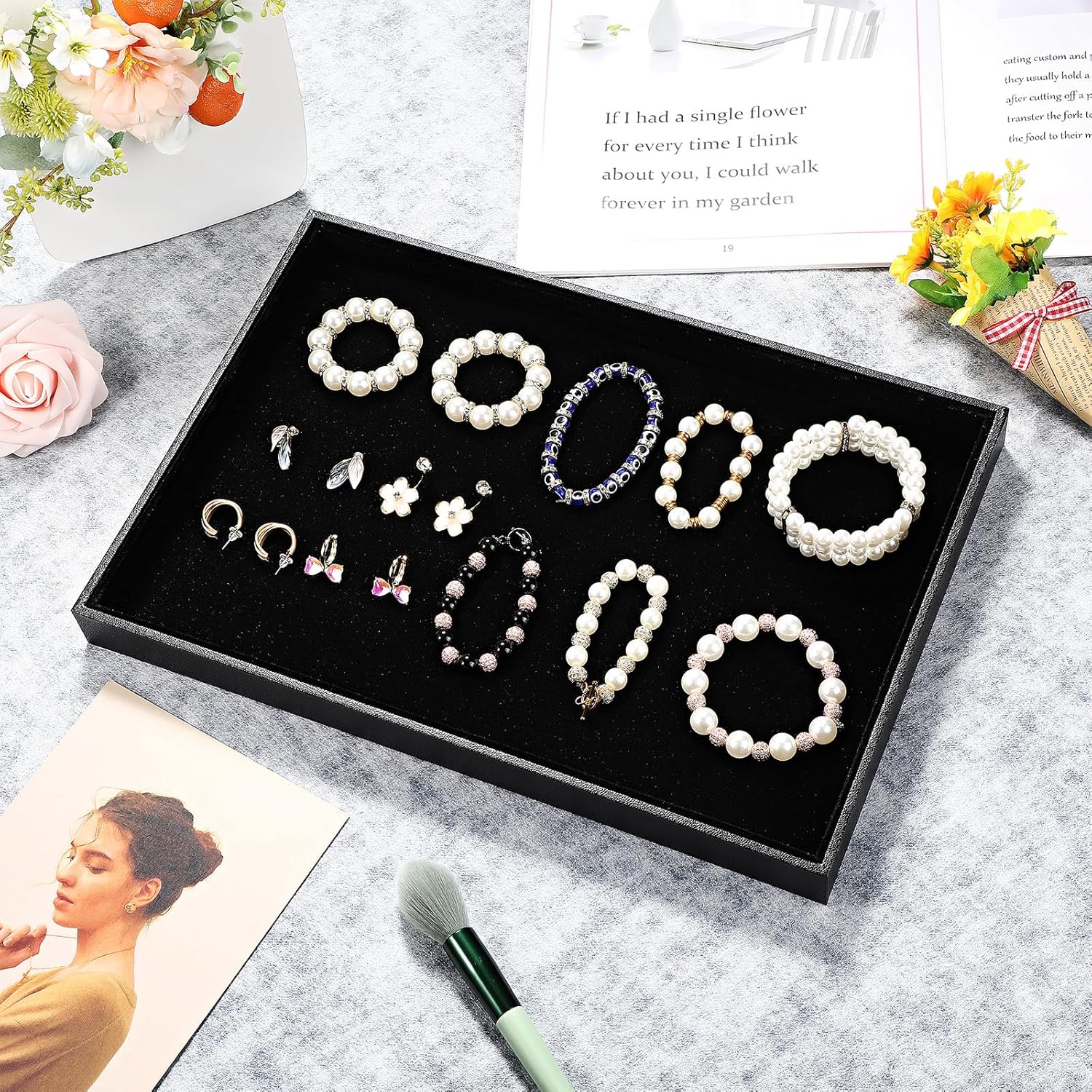 Quelay 10 Pcs Velvet Stackable Jewelry Tray Showcase Display, Jewelry Organizer Tray Bracelet Ring Earring Necklace Organizer Empty Plate for Drawers Countertop (Black)