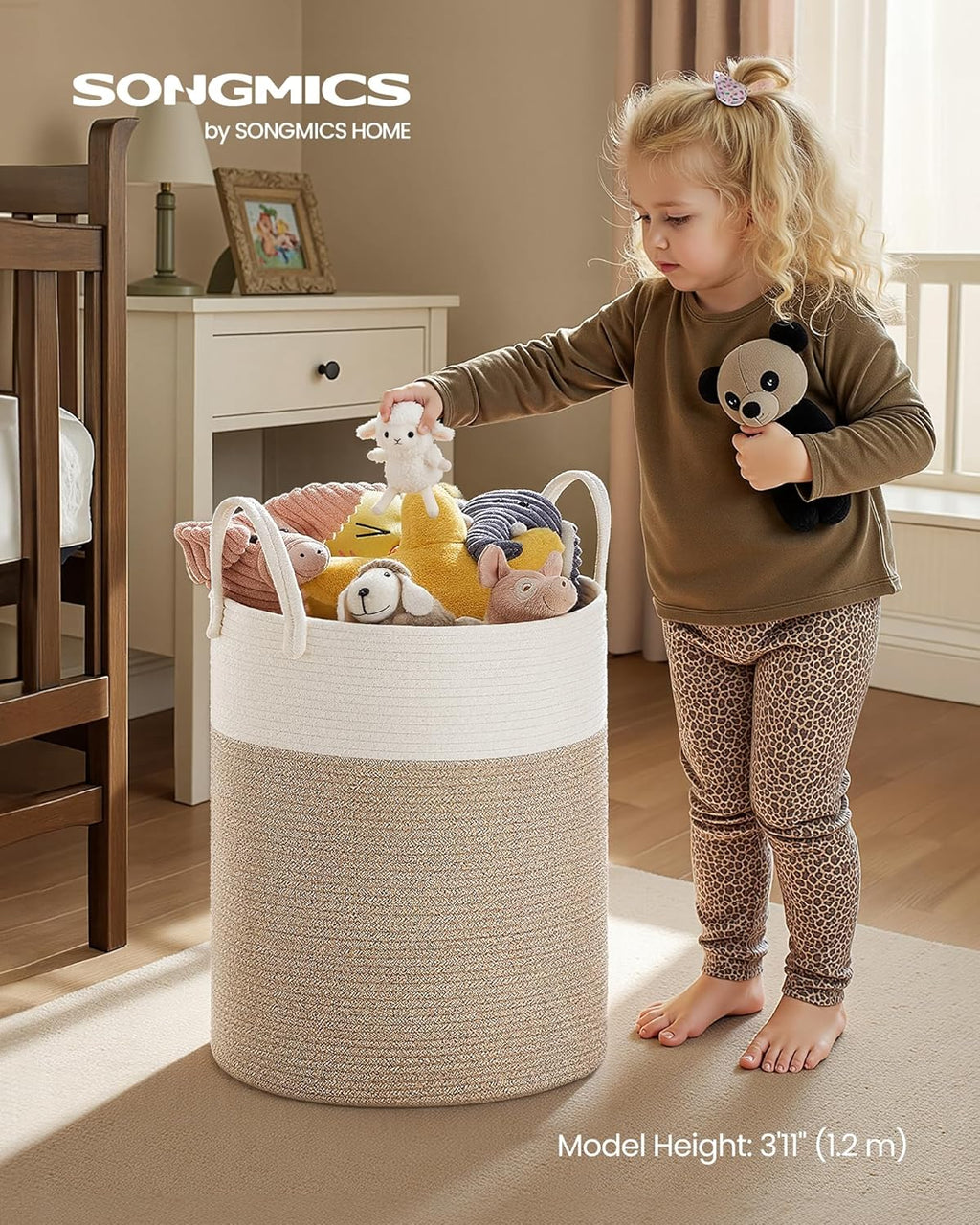 SONGMICS Laundry Hamper, Cotton Rope Laundry Basket with Handles, for Children, Toys, Clothing, Living Room, Bedroom, 15.8 Gallons, 13.8 x 13.8 x 19.7 Inches, White and Grayish Brown URLH061LZ01