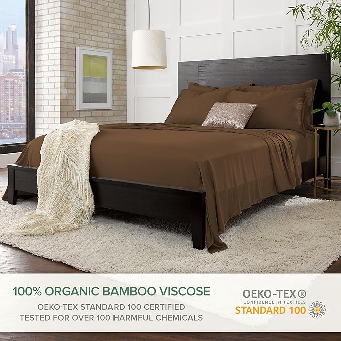 Split King Sheets by Pure Bamboo, Genuine 100% Organic Viscose Derived from Bamboo Bed Sheet Set, Soft & Cooling, Double Stitching *Not for Split Top (Split King, Coconut Husk)