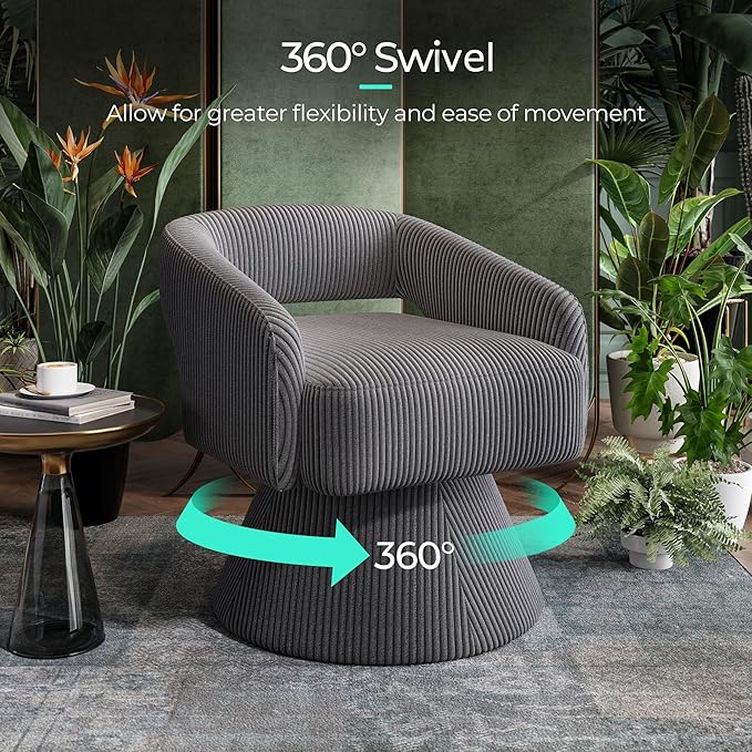 LINSY Swivel Barrel Chair, 360 Modern Swivel Accent Chair Boucle Swivel Chair Round Gray Corduroy Chairs with Arms, Small Barrel Chair for Small Spaces Bedroom Living Room