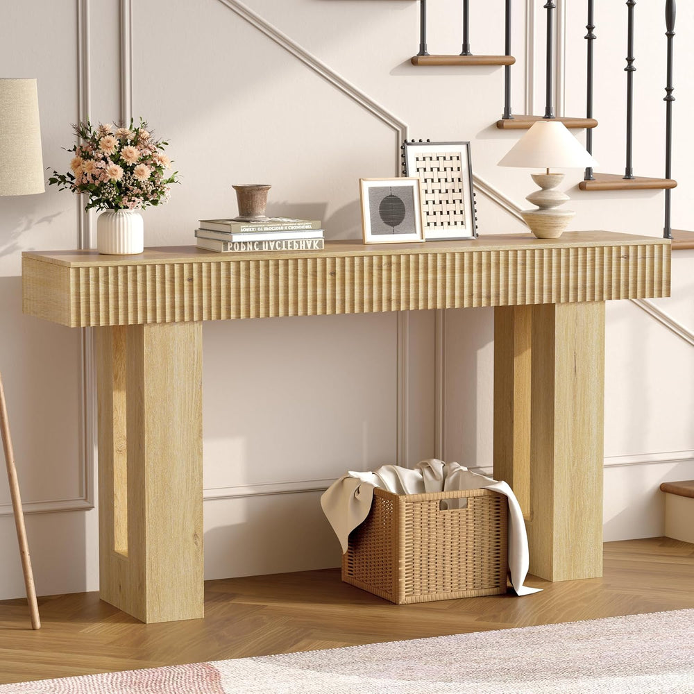 63" Long Console Table, Fluted Sofa Table Behind Couch, Natural Oak | Na...