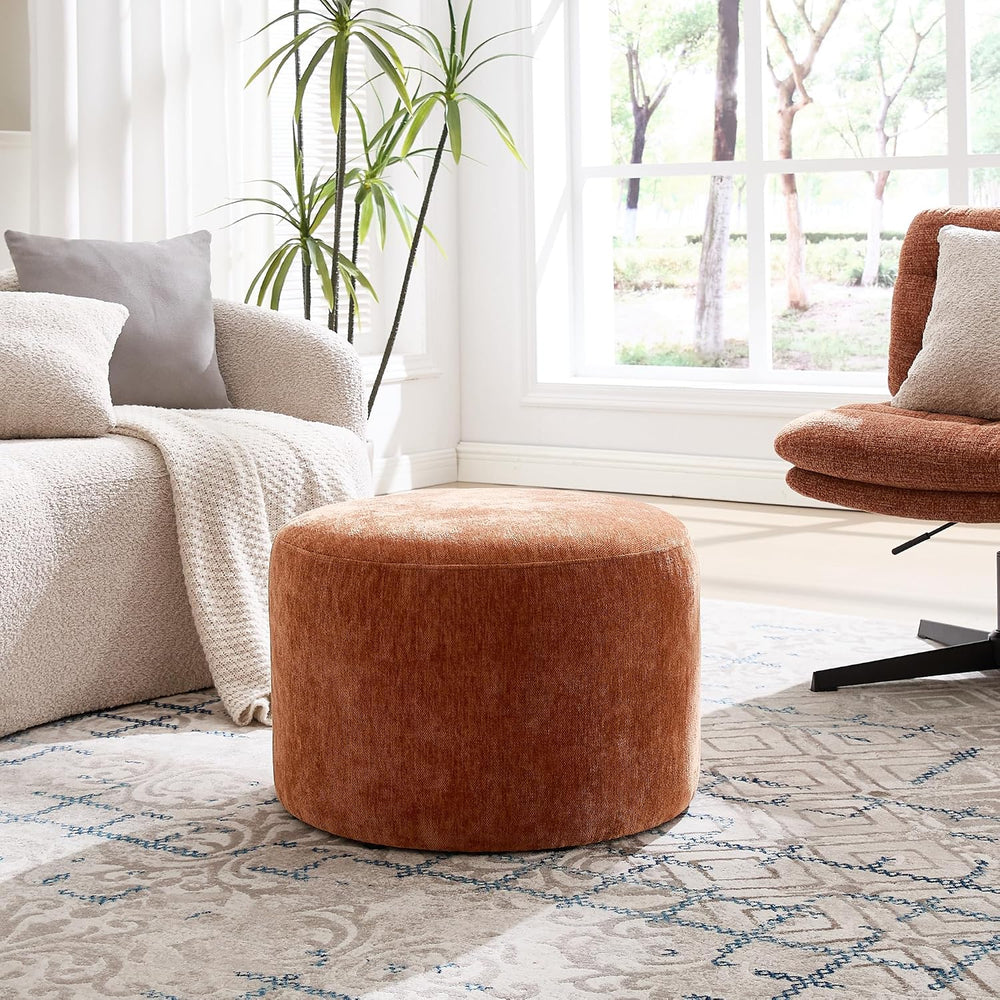 Upholstered Round Pouf Ottoman, Modern Footstool, Orange-Brown | Small Chenil...