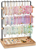 Emfogo Jewelry Organizer Stand, 5 Layer Wood & Metal Bracelet Holder with Necklace Holder Pole, Large Capacity Jewelry Display Holder for Bracelets Necklaces Rings Watches Scrunchies (Rustic Brown)