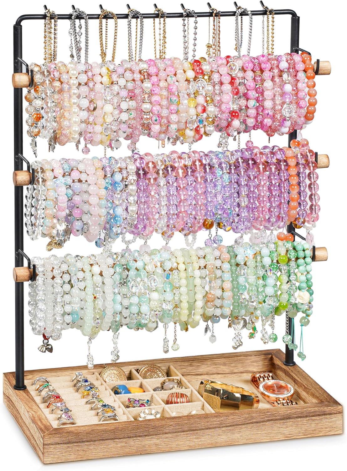 Emfogo Jewelry Organizer Stand, 5 Layer Wood & Metal Bracelet Holder with Necklace Holder Pole, Large Capacity Jewelry Display Holder for Bracelets Necklaces Rings Watches Scrunchies (Rustic Brown)