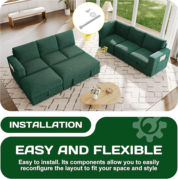 106.7" Sectional Sleeper Sofa with Pull Out Couch, Modern 7 Seat U Shaped Modular Couch, Green Sectionals Modular Sofa with Storage, Comfy Corduroy Couches Sectional for Living Room & Apartment