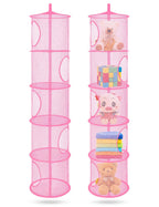Libeder Mesh Hanging Storage Space Saver Bags Organizer,Foldable Storage Organizer 5 Compartments Toy Storage Basket for Kids Room Bathroom 2 Sets Pink