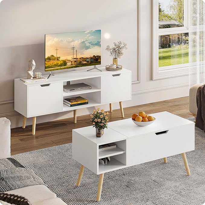 ALINE FURNITURE White TV Stand for 50 55 60+ inch TVs - Media Console with 2 Cabinets & Open Shelves, Solid Wood Legs - TV Consoles for Living Room - 22" H Entertainment Center for Bedroom