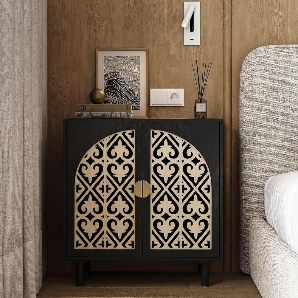 Decorative Storage Cabinet Sideboard with Hollow Carved Panels, 2 Doors, Natu...