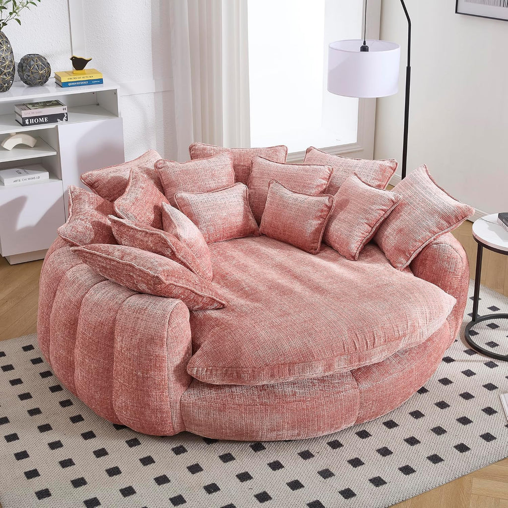 81.1in Extra Wide Round Boneless Sofa, Oversized Round Chaise Lounge Comfy, Upholstered Cloud Chenille Sleeper Lounge Chair with 14 Pillows for Living Room