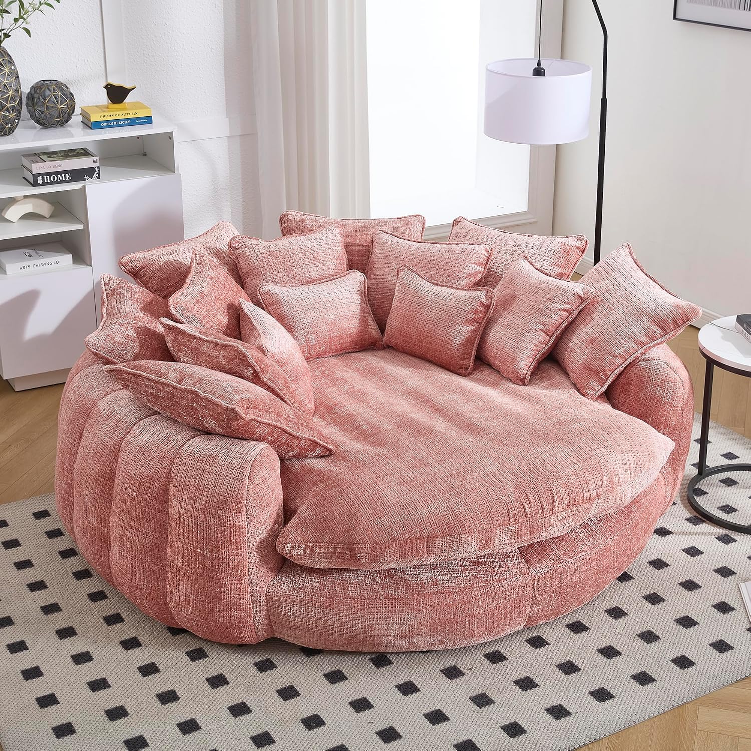 81.1in Extra Wide Round Boneless Sofa, Oversized Round Chaise Lounge Comfy, Upholstered Cloud Chenille Sleeper Lounge Chair with 14 Pillows for Living Room