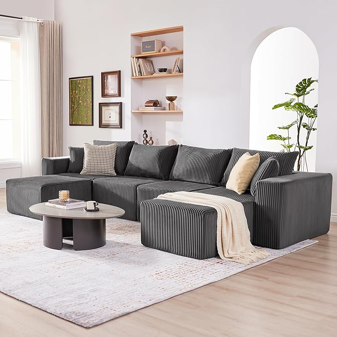 135.4" Cloud Couch Sectional, Modular Sectional Sofa with Deep Seat, Plush Corduroy U Shaped Boneless Couch, Convertible Sectional Couches for Living Room, 6Seat, Grey