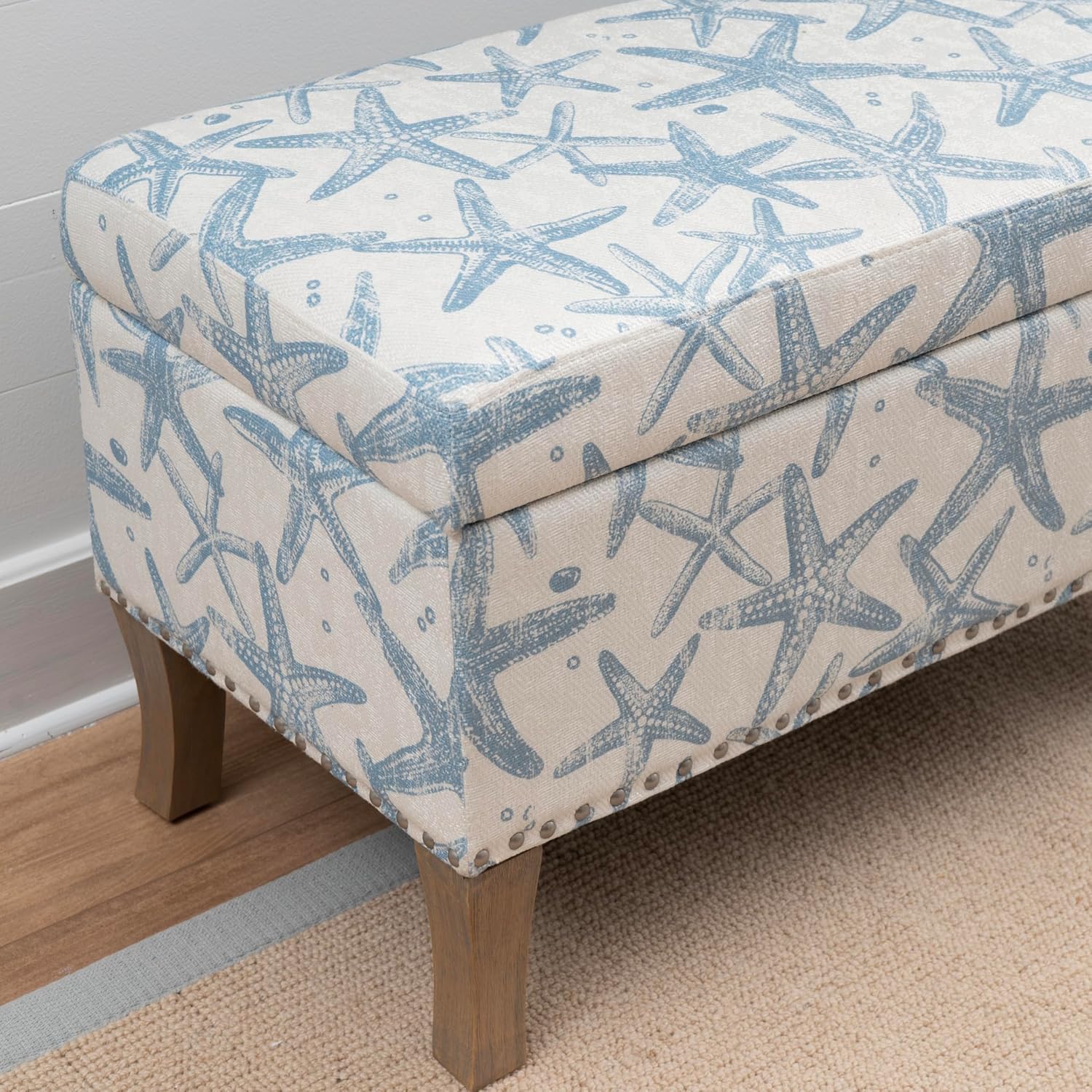 Linon Stephanie Cream and Light Blue Starfish Fully Upholstered Bench with Hidden Interior Storage