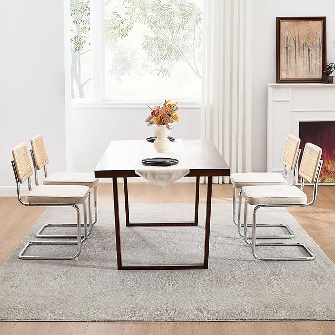 Zesthouse Natural Rattan Dining Chairs Set of 4, Mid Century Modern Dining Chairs with Solid Wood Back & Chrome Base, for Kitchen Living Room, Breuer Design Inspired, Upholstered Linen Fabric, Beige