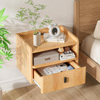 Floating Nightstand Set of 2, Modern Wall Mount Bedside Table with Drawer & Open Shelf, Space-Saving Night Stands with Charging Station, Natural Wood Finish for Bedroom