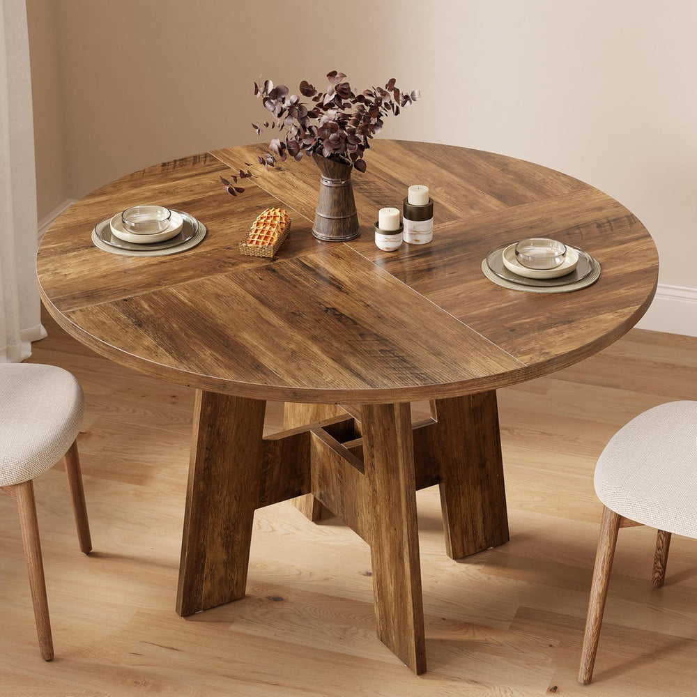 Farmhouse Round Dining Table for 4-6 People, 47" Wood Kitchen Table with...