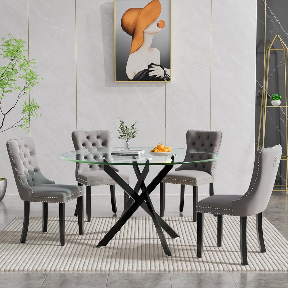 47" Round Glass Dining Table for 4-6, Circle Kitchen Table with Tempered...
