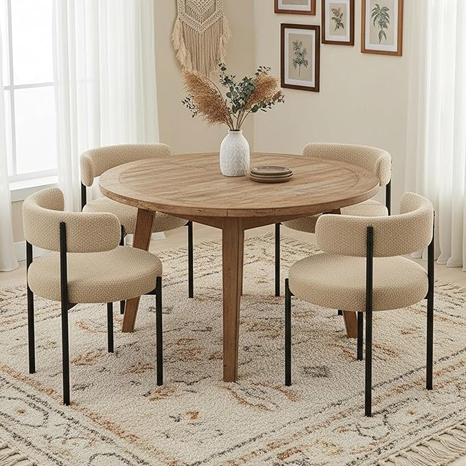 Boucle Dining Chairs Set of 2, Beige Dining Chairs with Upholstered Seat and ...