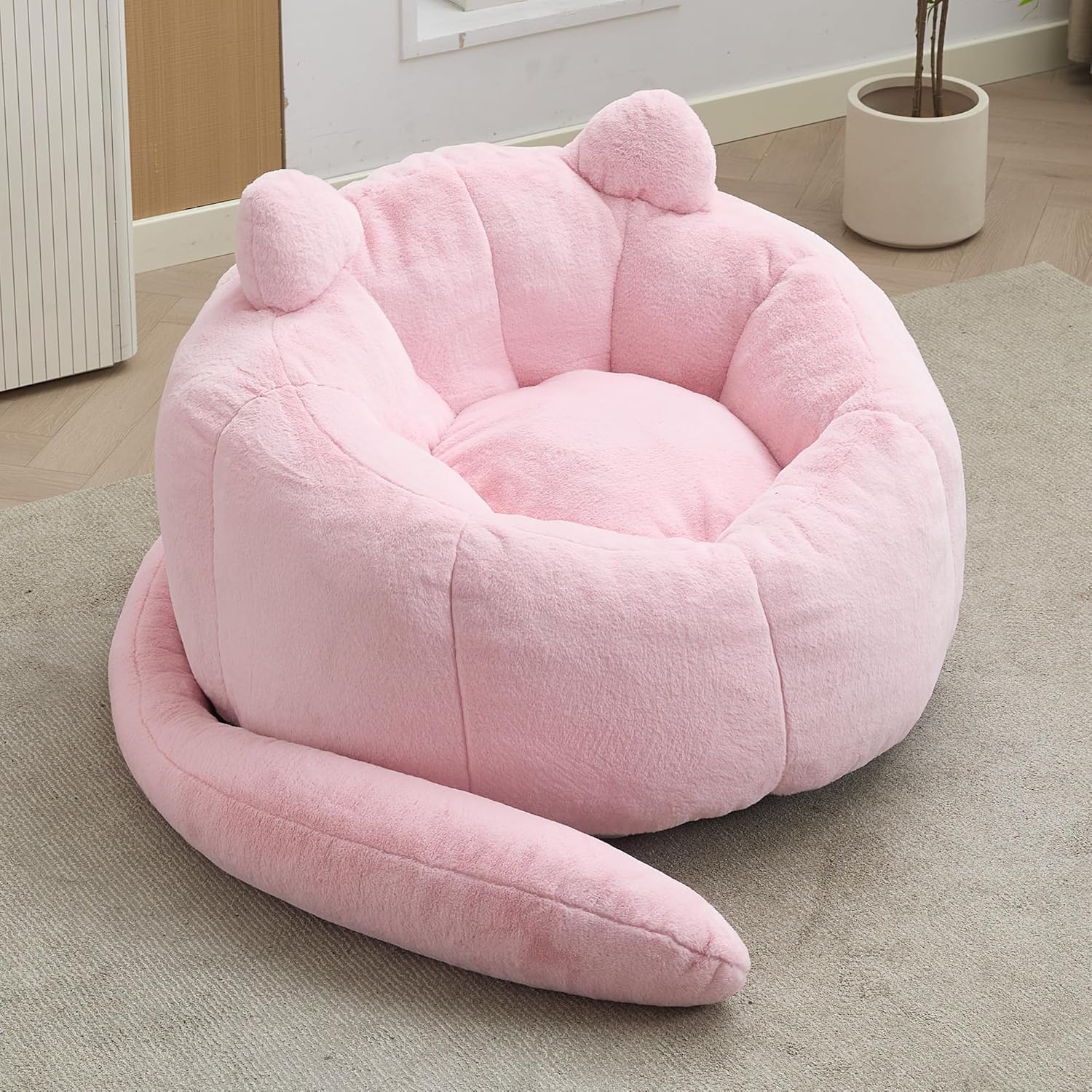 YISHENG Faux Fur Bean Bag Chairs, Cat Design，Large Bean Bag Couch for Adults,Stuffed Single Sofa Chair Comfy Giant Bean Bag Chair with Spacious Design for Playing or Bedroom,Reading Pink