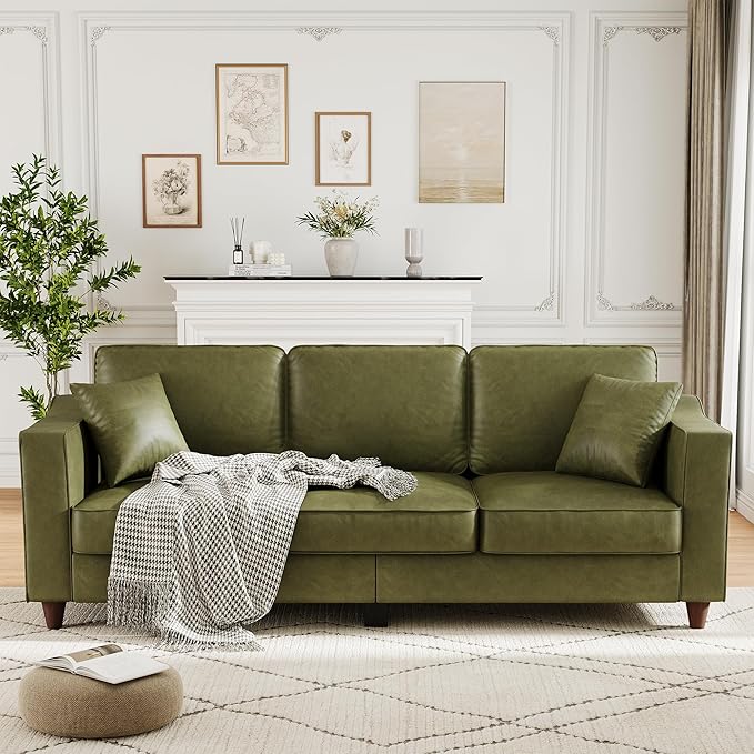 Faux Leather Couch with 2 Throw Pillows, Sofa Couches for Living Room, 3 Seater Sofa with Wide Armrests, Wood Legs, Deep Seats, Back Cushion, Sturdy Support Feet, for Office, Living Room, Olive Green