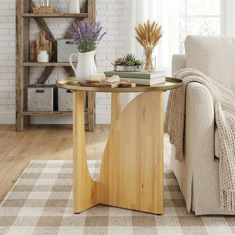 Asday Farmhouse End Table, Wood Side Table with Metal Tray Top, Geometric Bas...