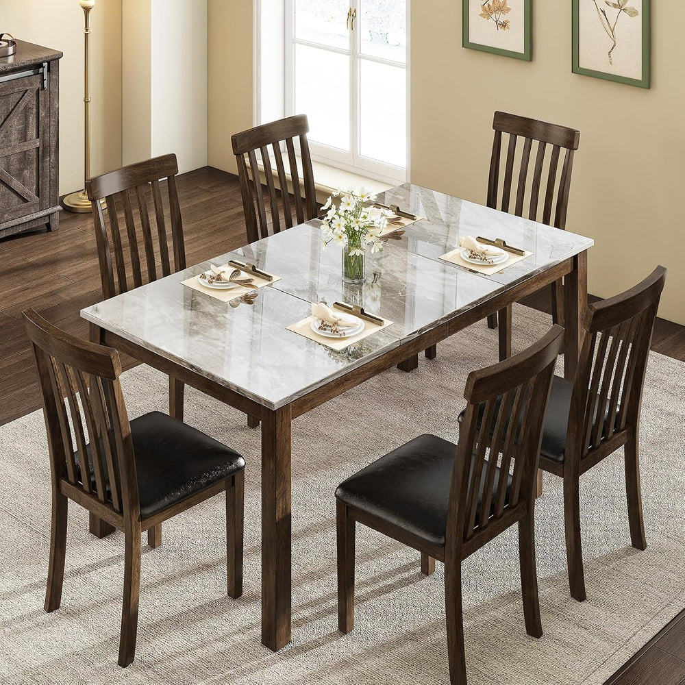 LUXOAK 7-Piece Wood Dining Table Set with Faux Marble Tabletop, Dark Brown | ...