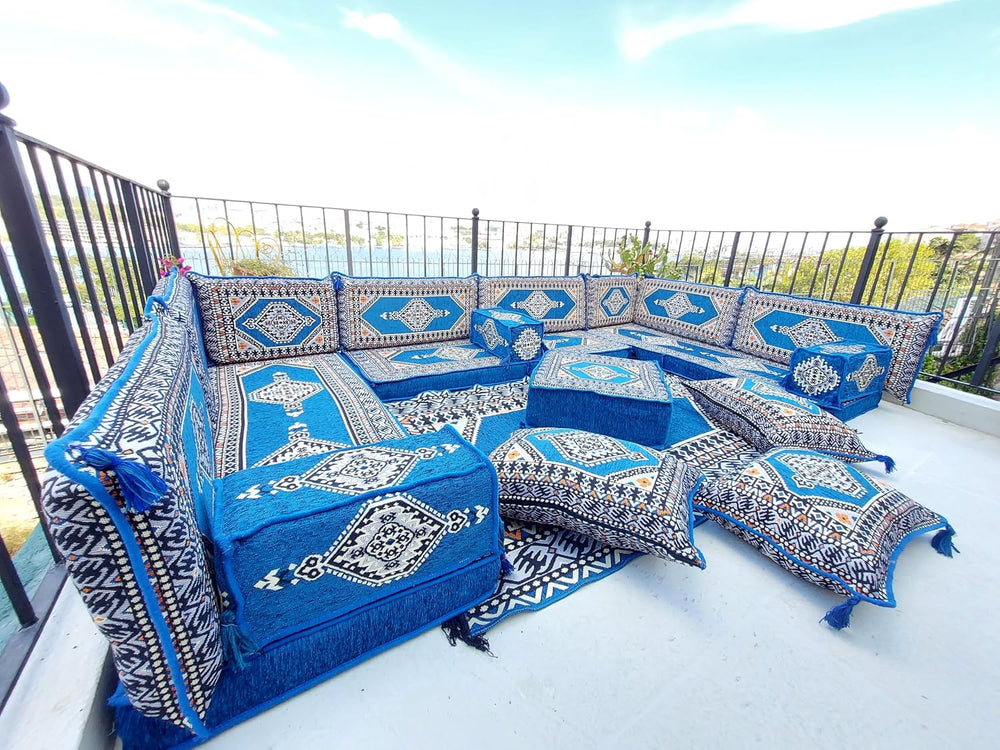 arabicsofa U Shaped Arabic Sofa Set – Royal Blue Modular Floor Seating for Gu...
