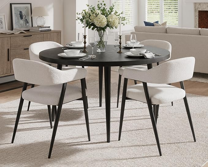 HNY Modern Dining Room Arm Chairs Set of 2, Mid-Century White Faux Sherpa Boucle Upholstered Barrel Dining Chairs with Arms, Black Metal Legs, Open-Back Kitchen Side Chair for Living Room