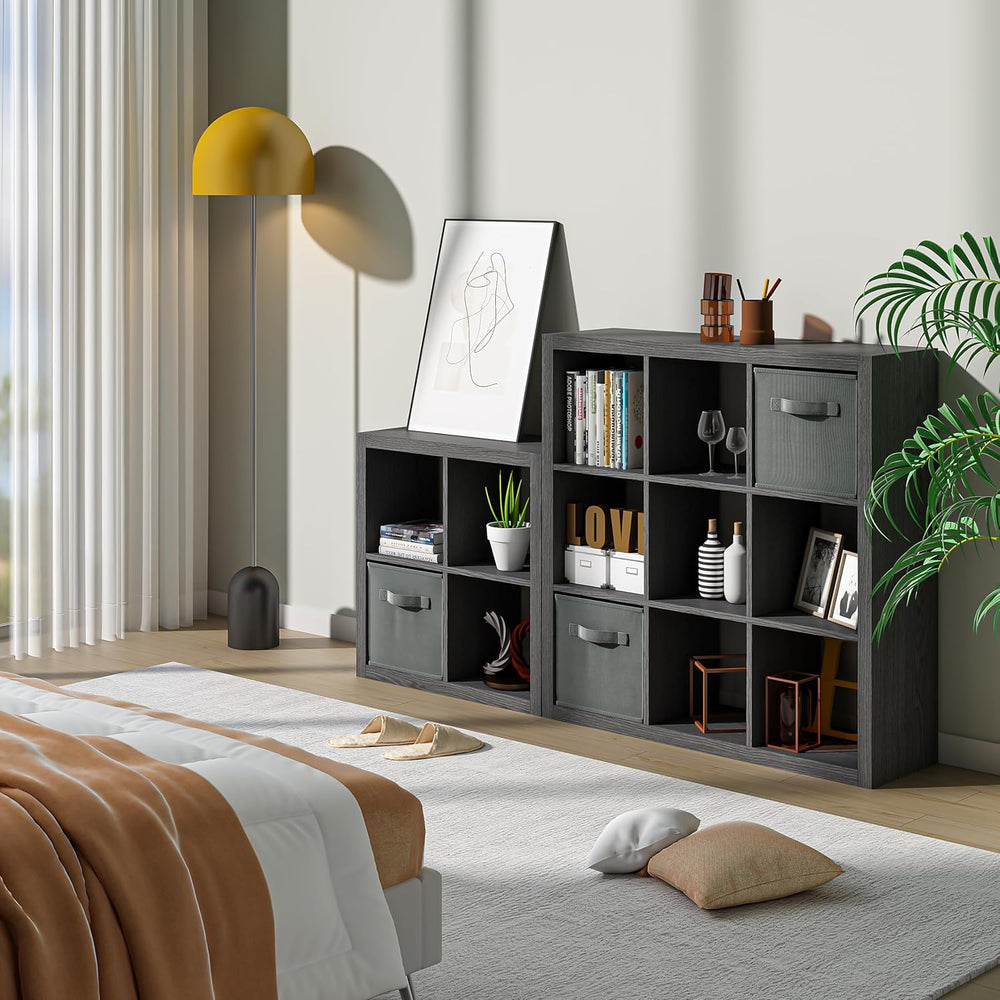 Bookshelf with Storage Bin, 4-Cube Storage Organizer, Modern Wood Open Bookca...